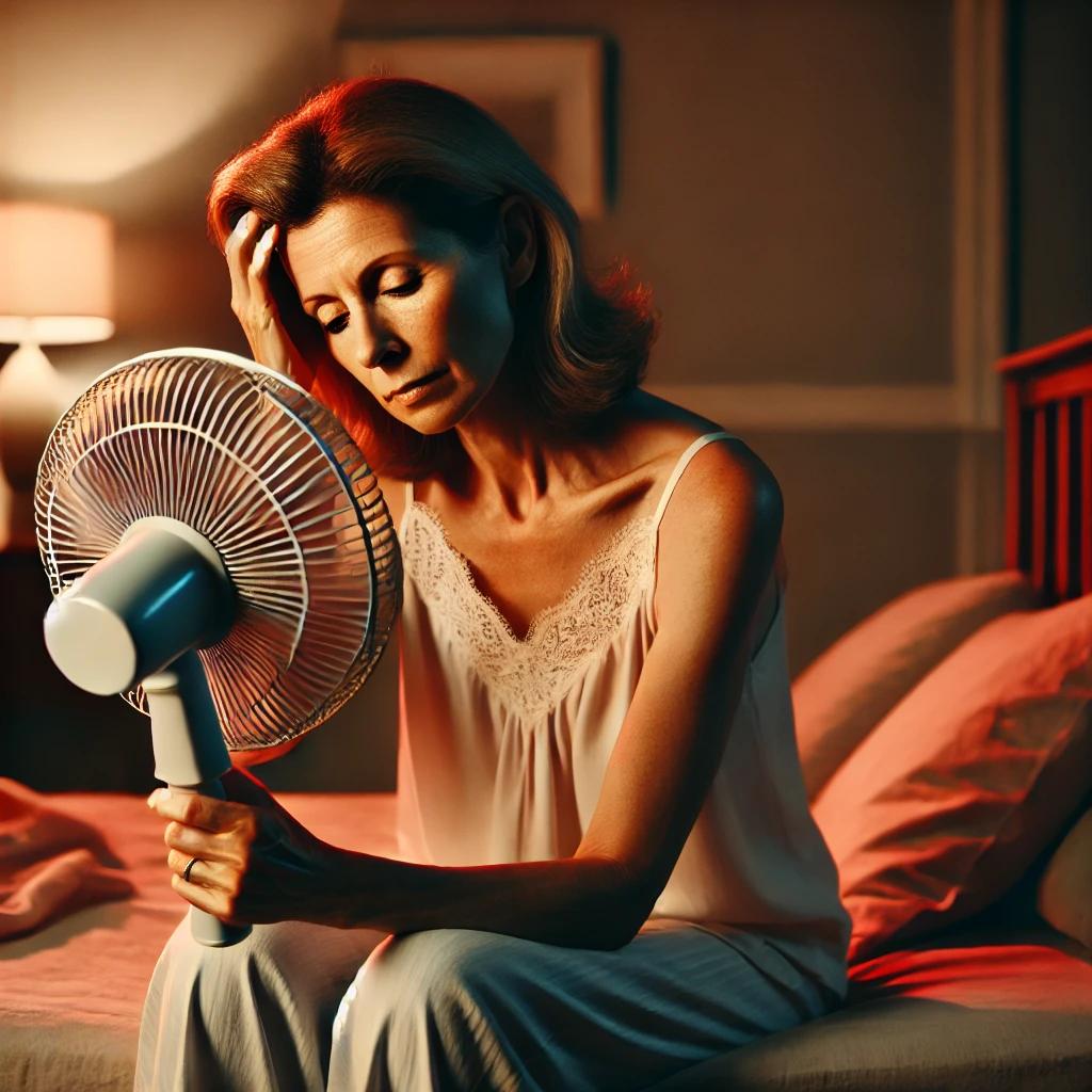 A_middle-aged_woman_sitting_on_a_bed_at_night,_her.jpg